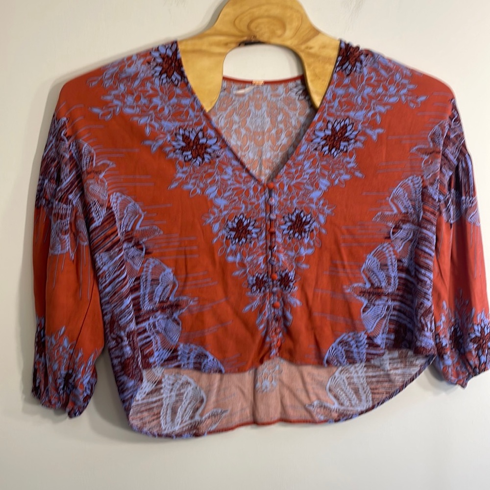 Free People XS Tunic 12 Button Burnt Orange/Blue Floral 100% Rayon Short Length
